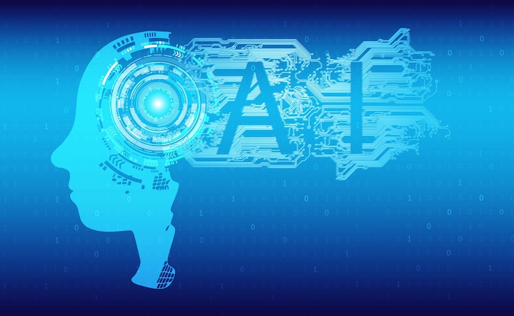 Vector ai robot of binary coding processing over blue background with circuit board and circle techvector illustration