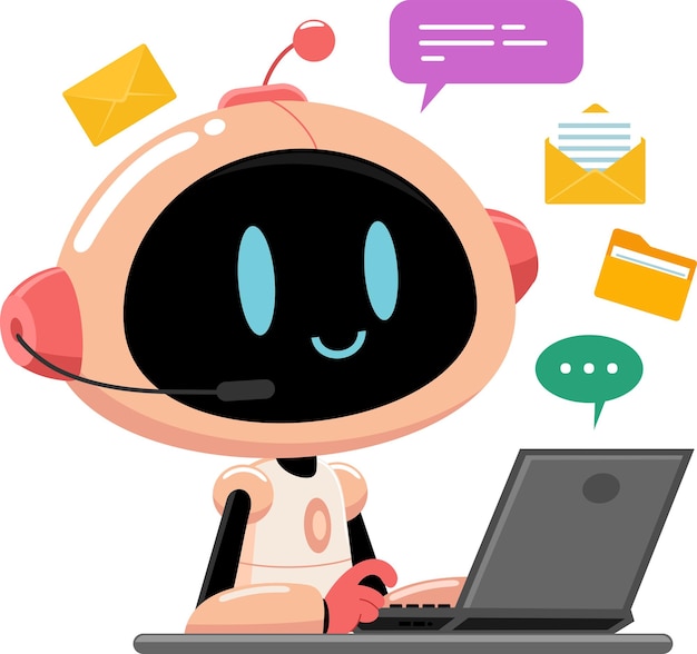 AI Robot Chat Bot Cartoon Character Bellen en Chatten vanaf Laptop