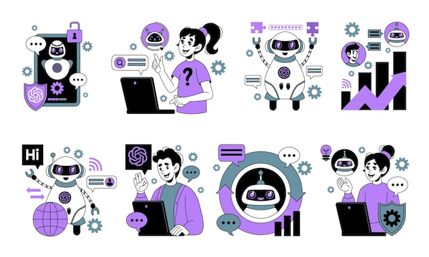 AI robot Chat GPT Assistant bot software Artificial intelligence technology People and computer communication Automated work Smartphone infographic UX Vector tidy concepts set