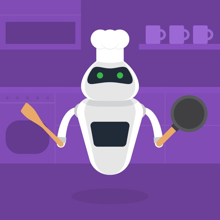 Vector ai robot chef character with frying pan and spatula