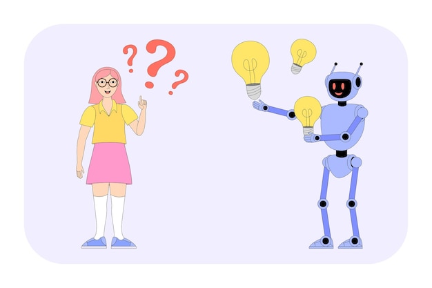 AI robot creating many ideas concept Woman asking questions Artificial intelligence Machine learning