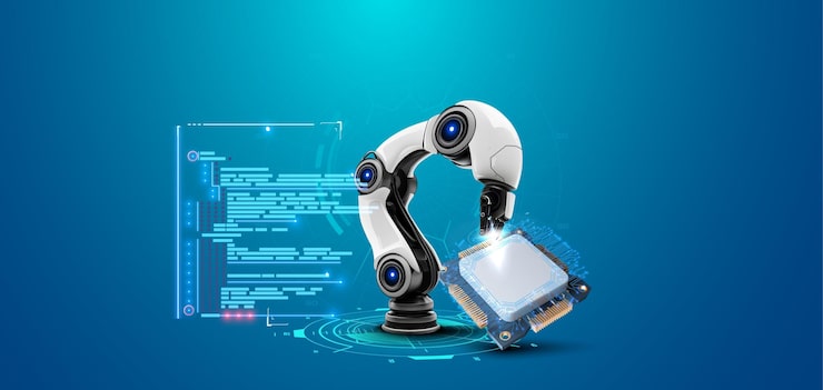 Вектор ai robot or cyborg and microchip technology automation isolated vector robotic arm with digital circuit connections symbolizing innovation and advanced engineering concepts for tech projects