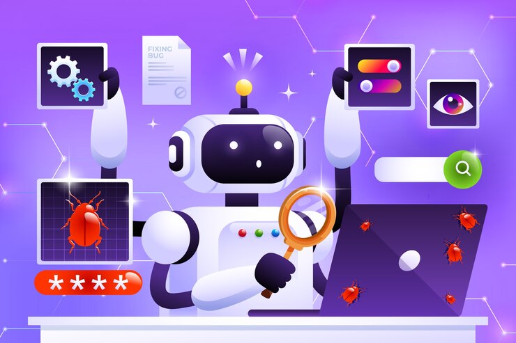 Vector ai robot inspecting cybersecurity threats and digital data