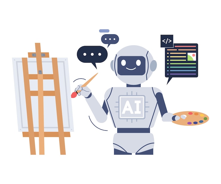 Vector an ai robot is painting with a brush on an easel