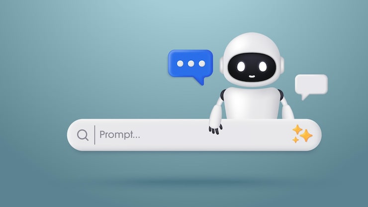 Vector ai robot with a search engine bar and speech bubble concept of ai and machine learning generative bar input prompt as commands for search and analysis by ai trendy and modern vector in 3d stylex9