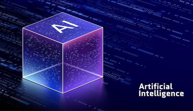 AI-server-icon met 3D-kubus die big data visualiseert, machine learning, AI-optimalisatie en gegevensopslag