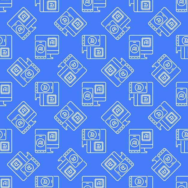 AI in Smartphone and Computer vector Artificial Intelligence Phone linear blue Seamless Pattern