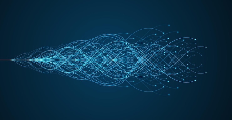 Vector ai technology concept of artificial intelligence blue and dots lines digital communication science networks