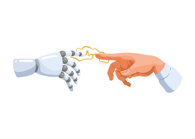 Ai technology robot and human touching fingers isolated