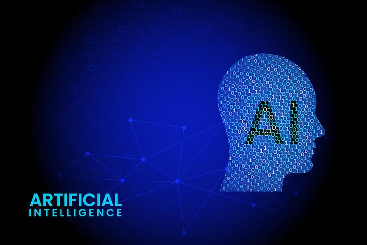 Vector ai web tech binary code algorithm with human head artificial intelligence concept banner design