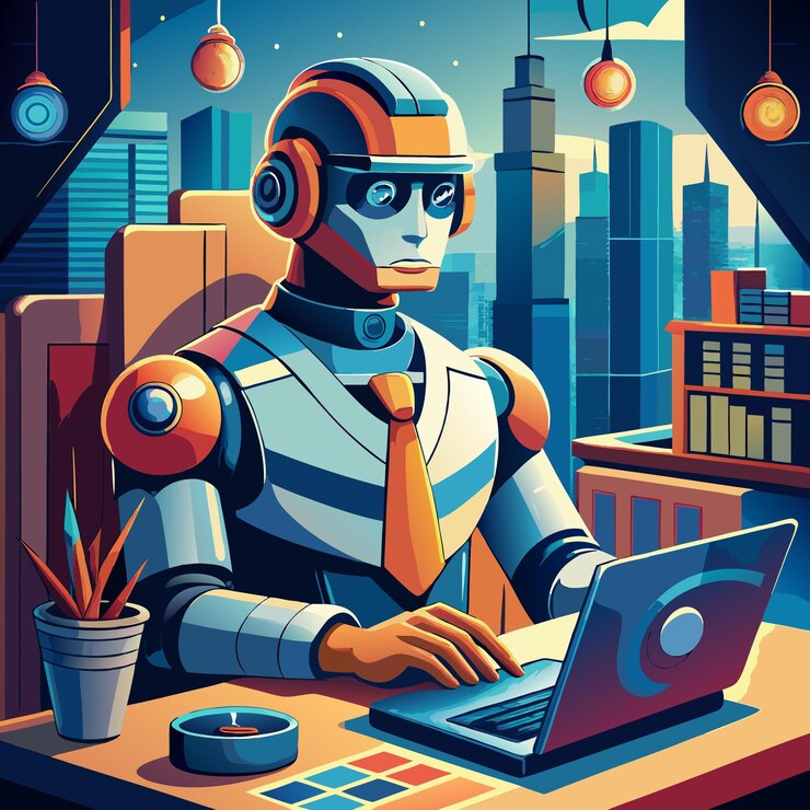 Vector the ai worker sits at his desk working on a laptop in the city