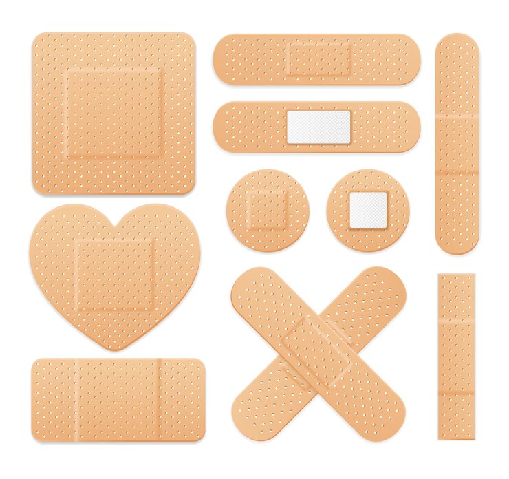 Набор медицинских пластырей Aid Band Plaster Strip. Различные виды. Векторная иллюстрация