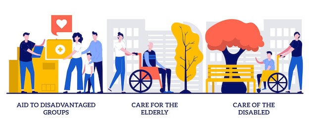 Vector aid to disadvantaged groups, care for elderly, help for disabled concept with tiny people. non profit, voluntary services abstract vector illustration set. social support for people in need metaphor.