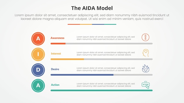 AIDA marketing model infographic concept voor diapresentatie met horizontale balk percentage met 4 punt lijst met platte stijl