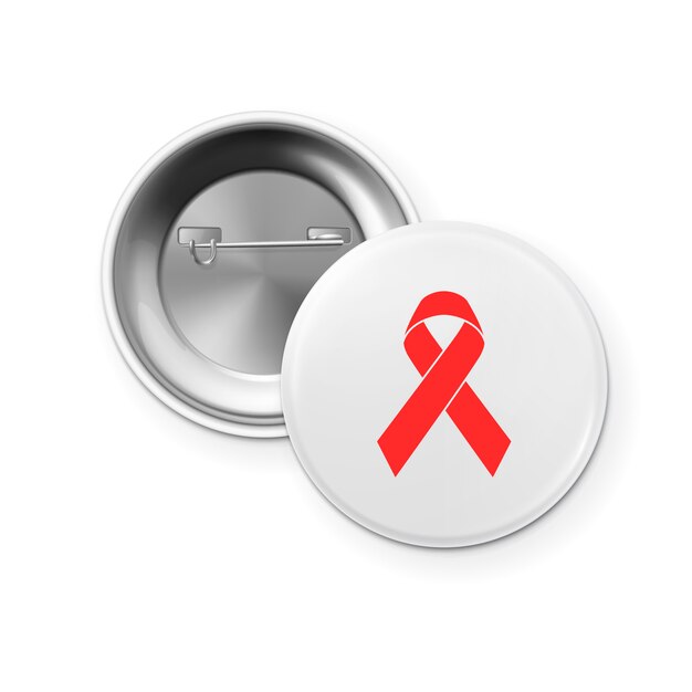 Aids awareness red ribbon on the circle button badge pin - front and back view. world aids day concept.