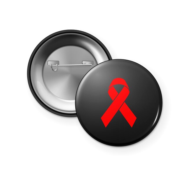 Vettore consapevolezza nastro rosso sul perno distintivo pulsante cerchio - vista anteriore e posteriore. concetto di giornata mondiale dell'aids.