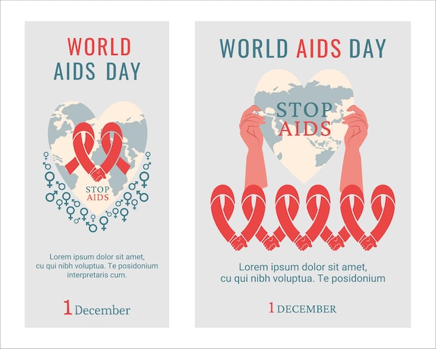 AIDS day poster flyer Human hands holding red AIDS ribbon Earth in shape of heart with gender signs lettering Awareness of AIDS Support for hiv infected people Vector illustration