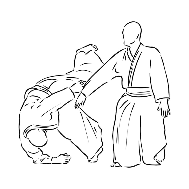 Vector aikido gevecht tussen atleten gestileerde vector illustratie aikido vector schets