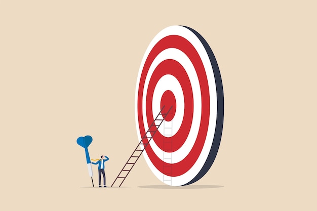 Aiming for high target mission, plan and strategy to achieve goal, business opportunity or career success journey concept, contemplate businessman hold big dart about to climb up ladder to bullseye.