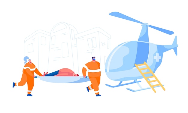 Vector air ambulance service concept. medic characters carry stretcher with injured man patient. emergency paramedic doctors work, medical staff occupation, health care. cartoon people