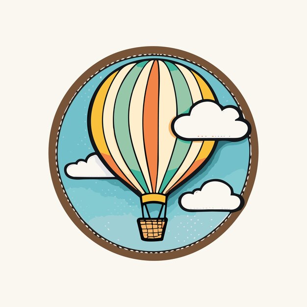 Vector air balloon flying in the sky with colorful clouds