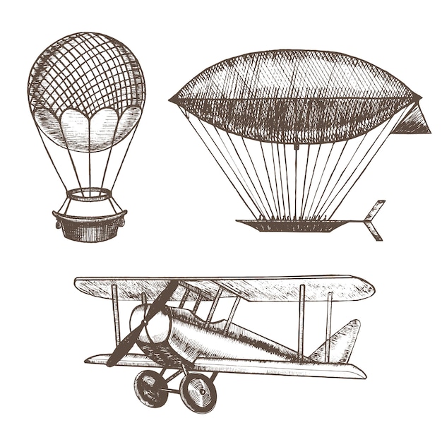 Schizzo di tiraggio della mano di aerostati e dirigibili. design in stile vintage di trasporto.