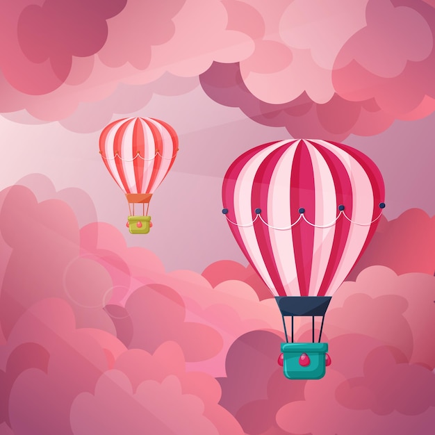 Vector air balloons on the background of pink clouds. dawn in pink clouds