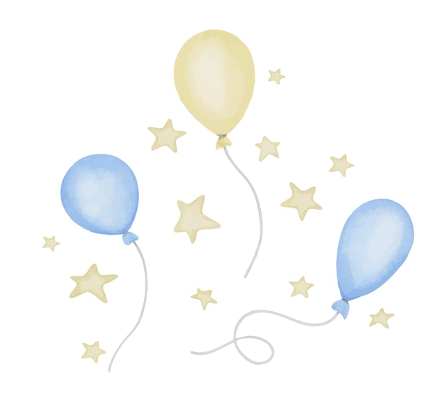 Vector air balloons watercolor set hand drawn illustration with light blue and yellow pastel ballons cute set for birthday party greeting cards or baby shower invitations collection with stars