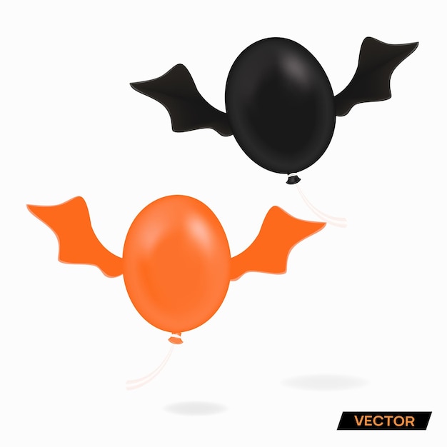 Air balloons with bat wings for halloween in cartoon style. Black and bright orange balloons, set. B