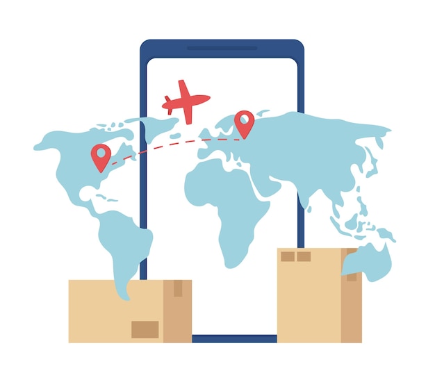 Vector air cargo tracking with mobile phone flat concept vector illustration