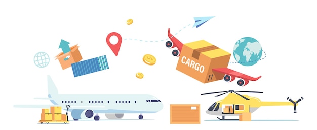 Air cargo transportation, aircraft logistics, delivering goods\
by airplane, helicopter or drone. boxes lying on trolley for\
loading on plane and quadcopter for shipping. cartoon vector\
illustration