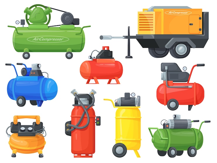 Vector air compressors pneumatic compressor for cold construction or paint work generator pressure flow tank cylinder with valve car compression machine cartoon neat vector illustration