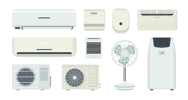 에어컨 냉각 시스템 및 기후 제어 장비 격리된 브리더 및 환풍기 가정용 환기 정수기 또는 가습기 벡터 전기 조절 기기 세트