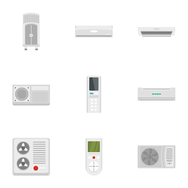 Air conditioner systeem icon set, vlakke stijl