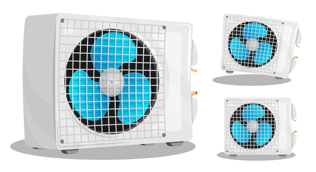 air conditioner unit with three bladed fan room cooling and heating maintaining comfortable