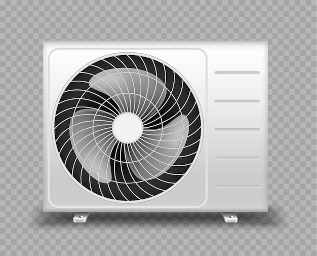 Vettore ventilatore del condizionatore d'aria realistico con tecnologia di controllo della temperatura in casa o in ufficio. apparecchiature elettroniche da esterno per la climatizzazione degli ambienti interni. illustrazione vettoriale