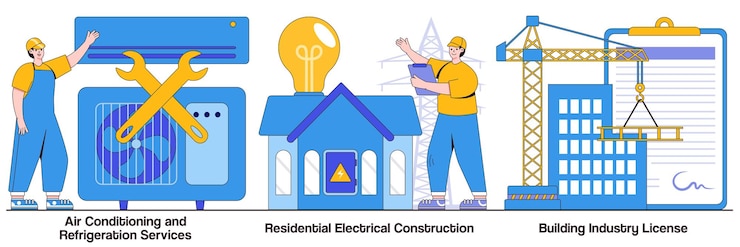 Vector air conditioning and refrigeration services residential electrical construction building industry license concepts with people characters builder contractor services vector illustration pack