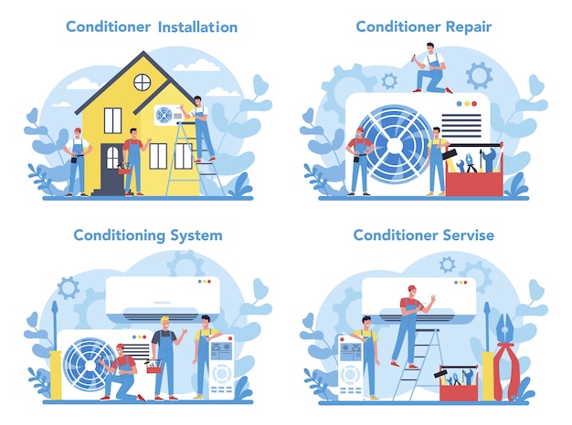 에어컨 수리 및 설치 서비스 개념 설정. 수리공은 특수 도구 및 장비로 컨디셔너를 설치, 검사 및 수리합니다.