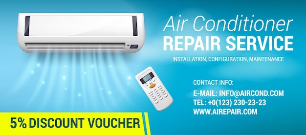 Vector air conditioning repair flyer with realistic detailed isometric d air conditioning blowing cold air