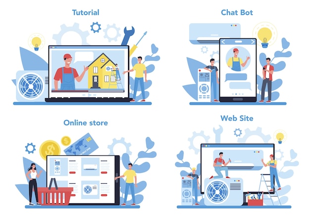 Set di piattaforma online di servizio di riparazione e installazione di aria condizionata. workshop online, consultazione o video tutorial. riparatore che installa, esamina e ripara il condizionatore.