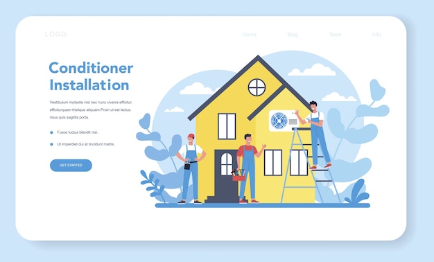 Banner web o pagina di destinazione del servizio di riparazione e installazione di aria condizionata. riparatore che installa, esamina e ripara il condizionatore con strumenti e attrezzature speciali.