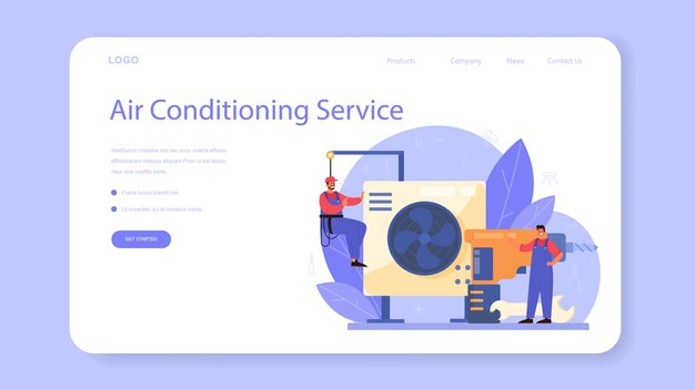 Air conditioning repair and instalation service web template or landing page. Repairman installing, examining and repairing conditioner with special tools and equipment. Isolated vector illustration