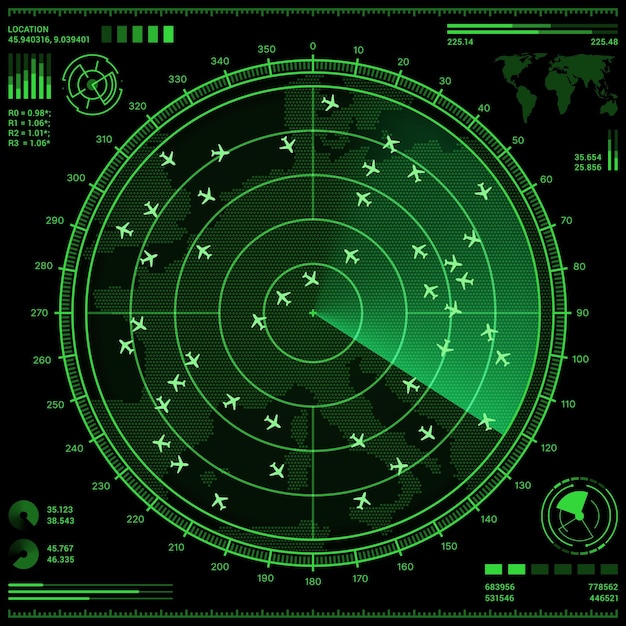 Air control radar screen with airplanes and map