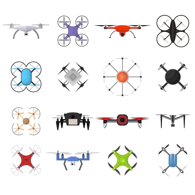 Quadrocopter a colori air drone set design piatto del concetto di controllo della tecnologia dell'innovazione.