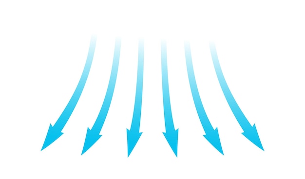 Поток воздуха Синие стрелки, показывающие направление движения воздуха Стрелки направления ветра Синий холодный свежий поток из кондиционера Векторная иллюстрация на белом фоне