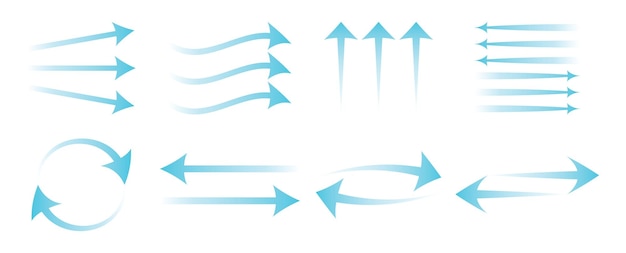 Air flow set Blue arrows showing air Vector illustration