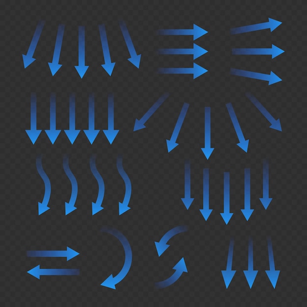 Vector air flow set of blue arrows showing direction of air movement wind direction arrows blue cold fresh stream from the conditioner vector illustration isolated on transparent background