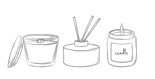 Air freshener and candles in a jar drawn in sketch style. Diffuser set.