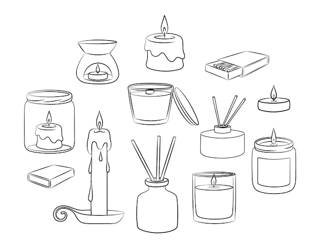 Air freshener and candles in a jar drawn in a sketch style. A set of diffuser and wax candles.