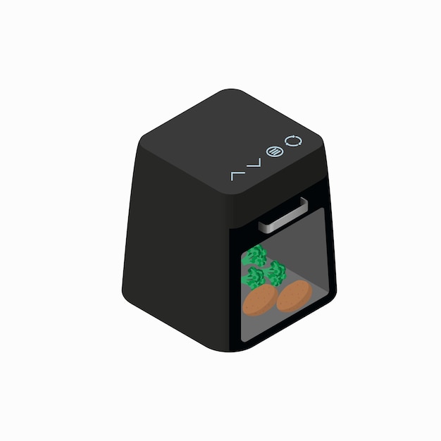 Air fryer isometric view vector illustration with broccoli and potato inside